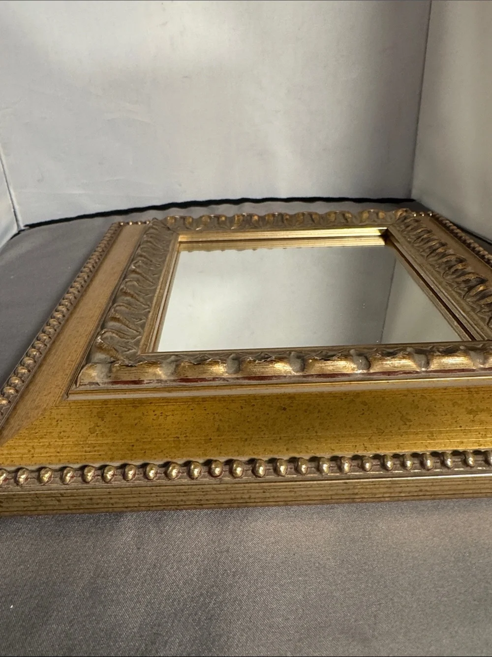 Vintage late 20th century carved Ornate Gold Square Wall Mirror 10” X 10”